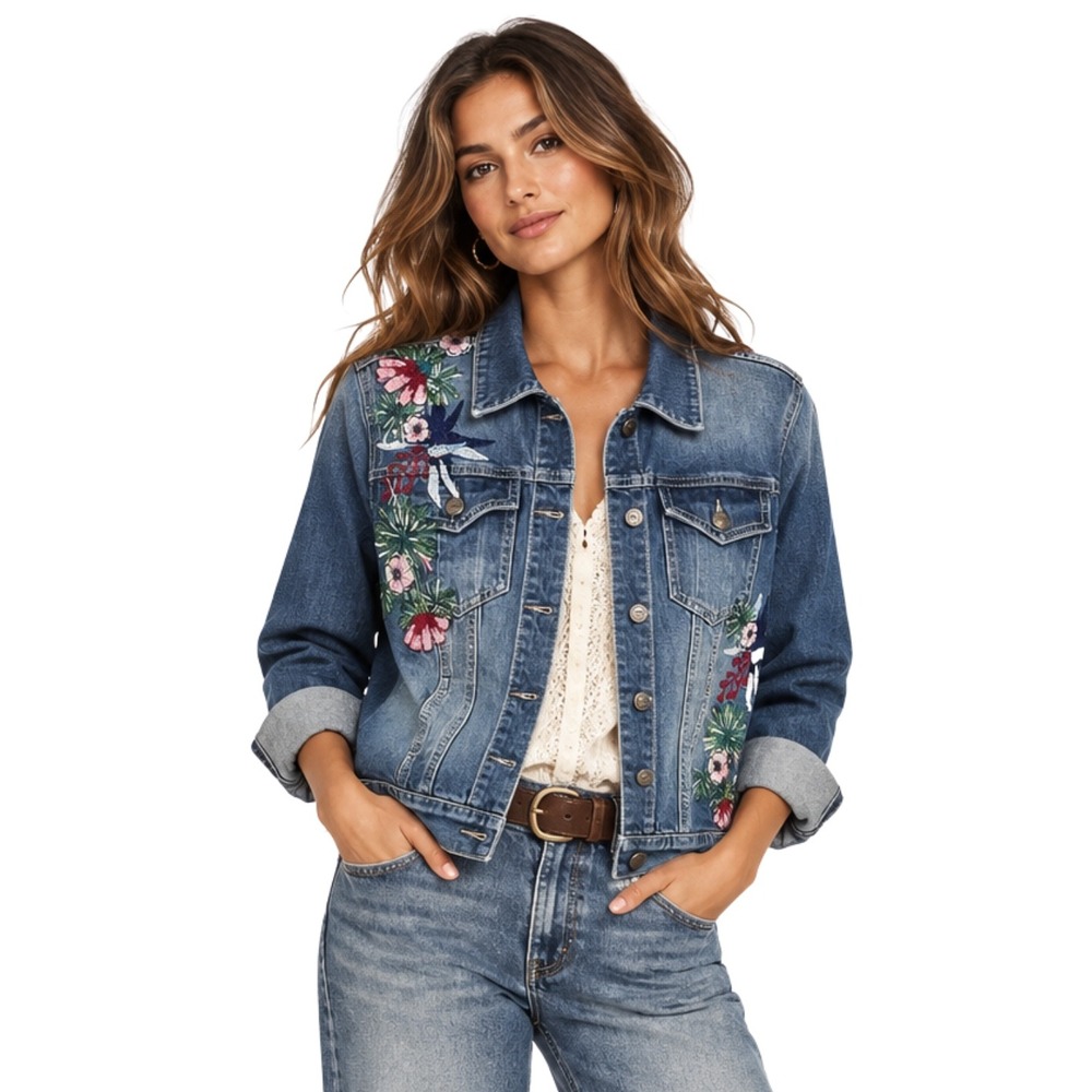 Driftwood Denim Jacket Womens XS Geena Embroidered Floral Trucker Boho Festival